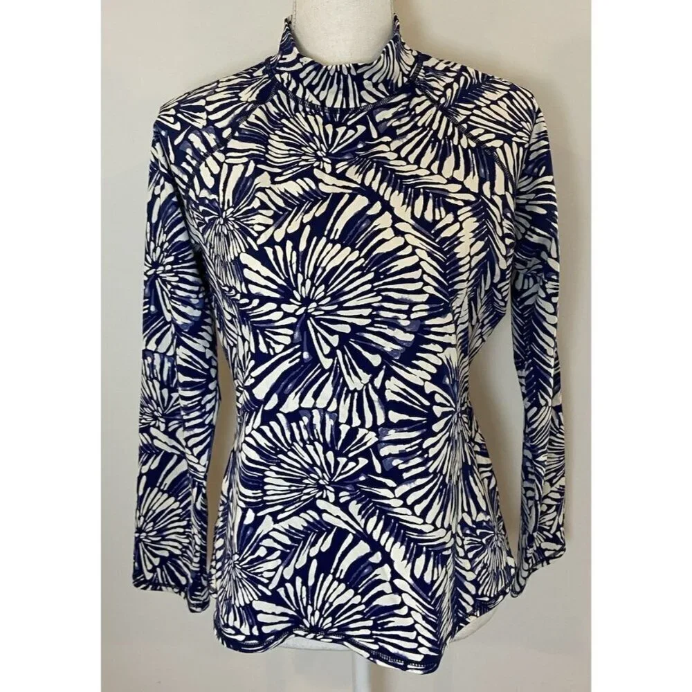 Garnet Hill Swim Top Rashguard Long Sleeve Back Zipper Navy Blue Cream Large L